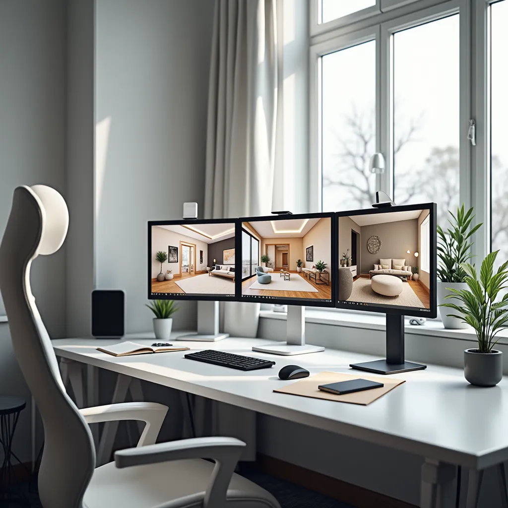 Modern designer workspace with multiple screens showing 3D interior renders