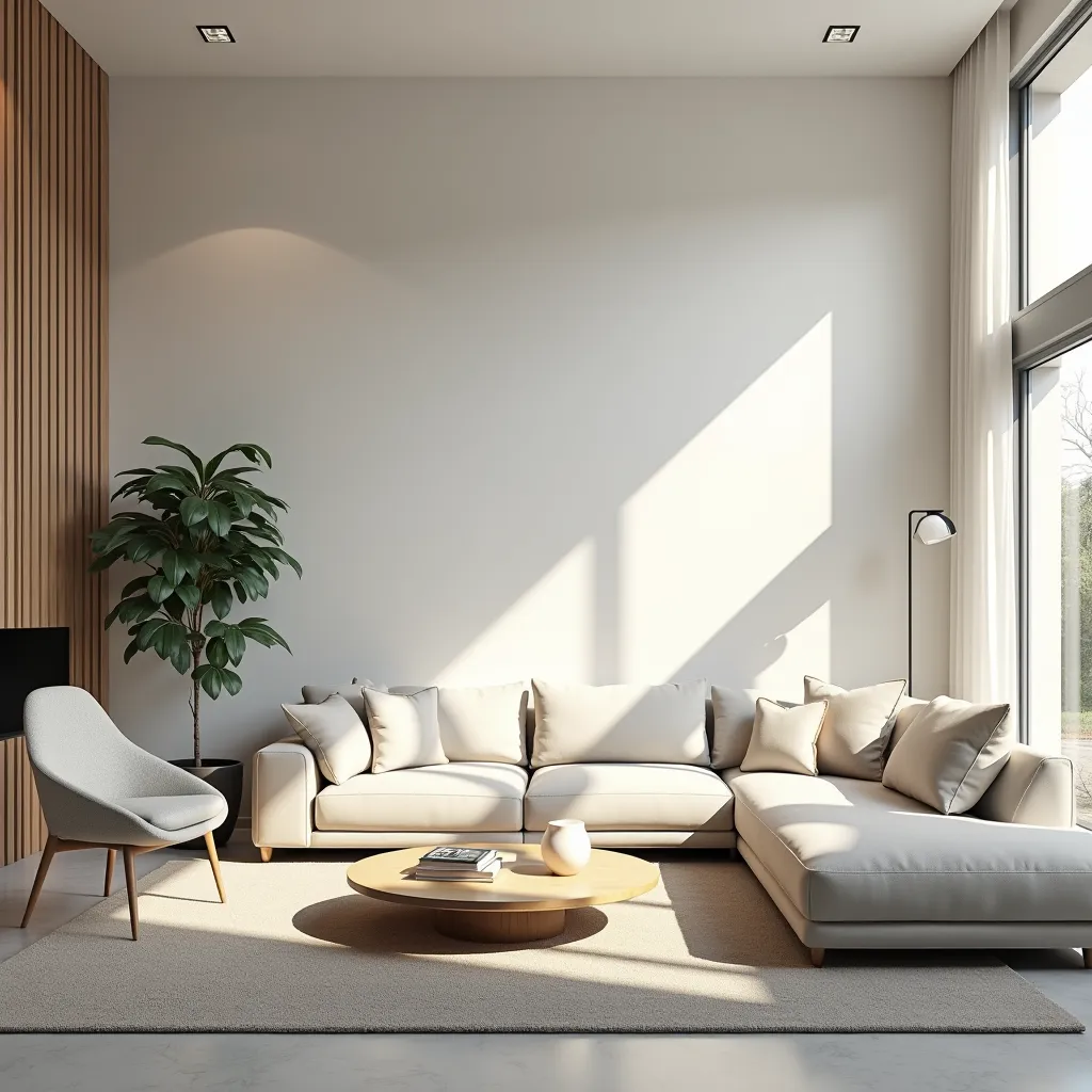 Modern 3D-rendered living room interior with sleek furniture and natural lighting