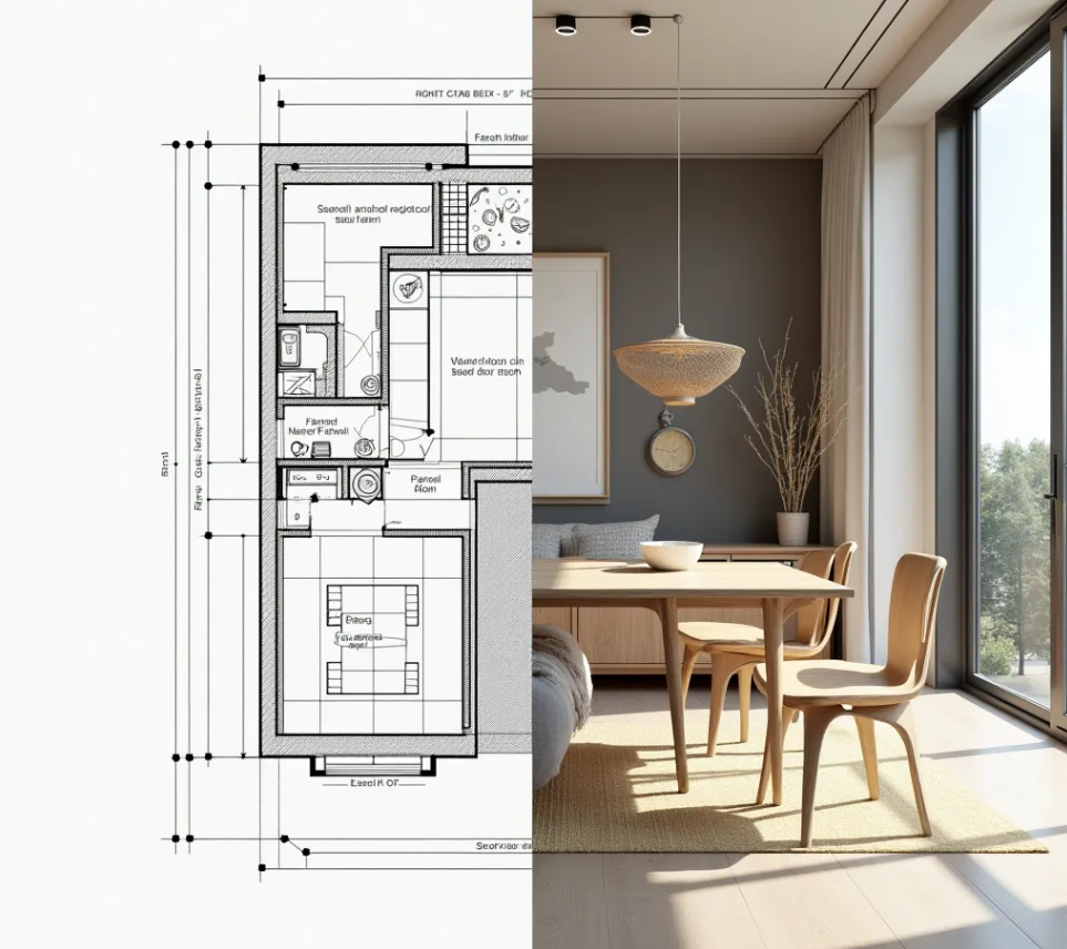 Split-screen view with a detailed 2D floor plan and a photorealistic 3D interior render
